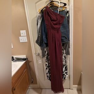 David's Bridal Burgundy One-Shoulder Jumpsuit